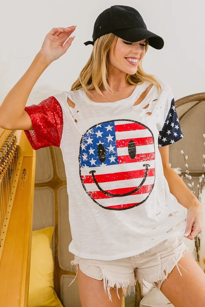 Fourth Of July Top With Laser Cut And Smile Face