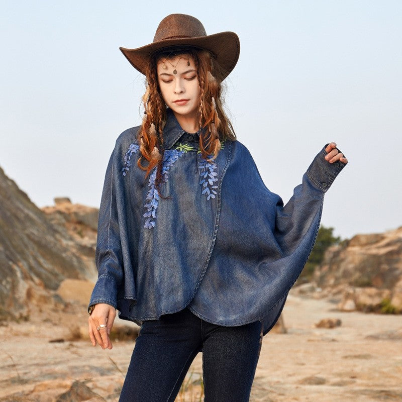 Embroidered Denim Blouse with Vintage Flair