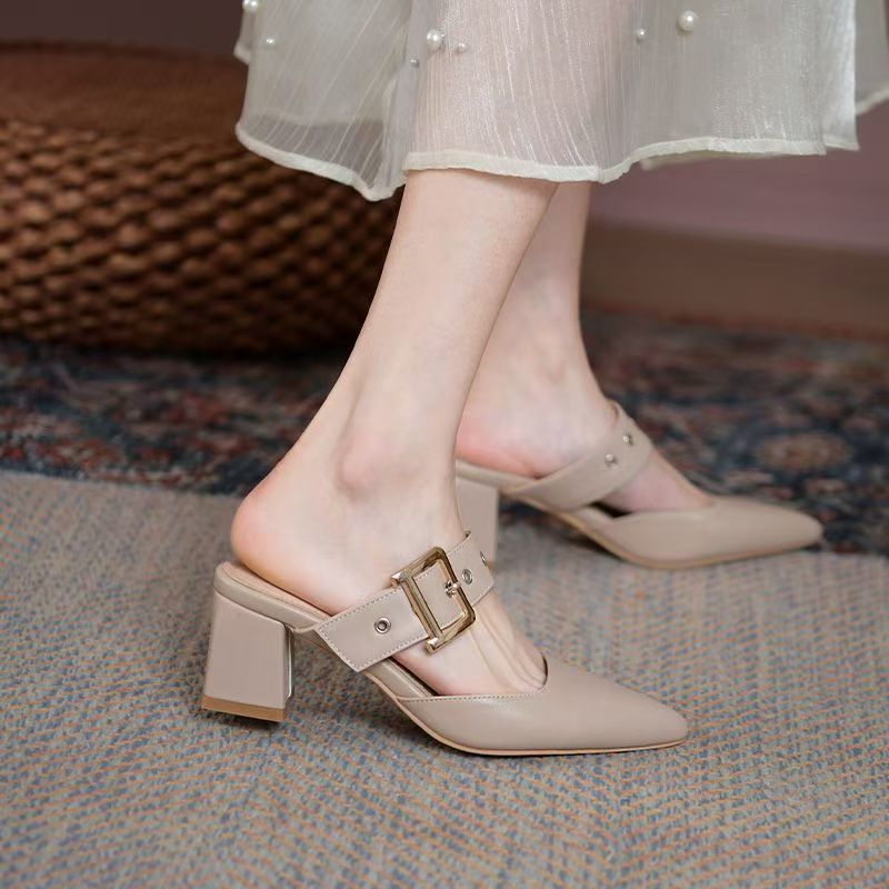 Women's Korean-Style Pointed Toe Chunky Heel Slippers | Microfiber Leather Slip-On Shoes