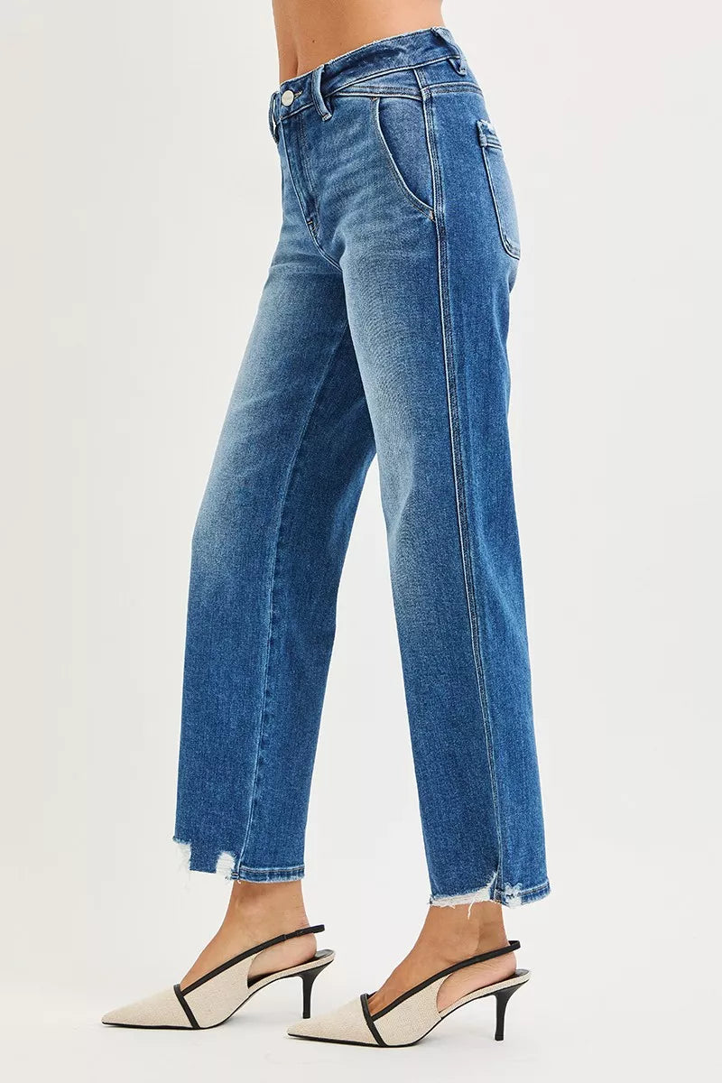 High Rise Ankle Straight Distressed Hem Detail Jeans