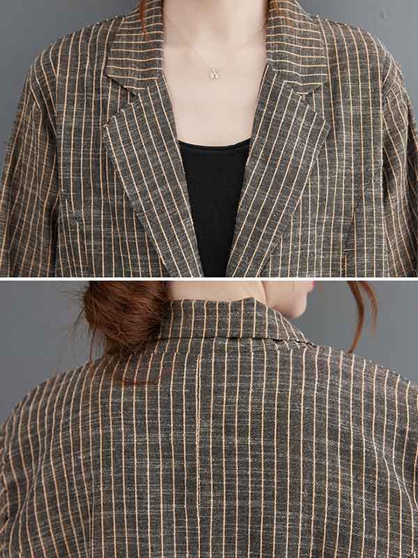 Vintage Ramie Cotton Notched Collar One Button Suits+Column Pants 2 Pieces Set