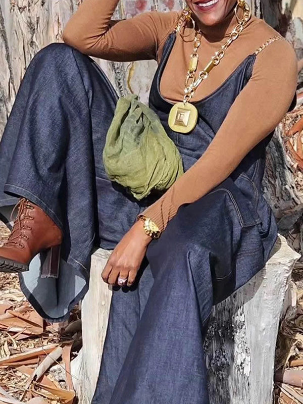 Loose Sleeveless Pockets Split-Joint Spaghetti-Neck Overalls