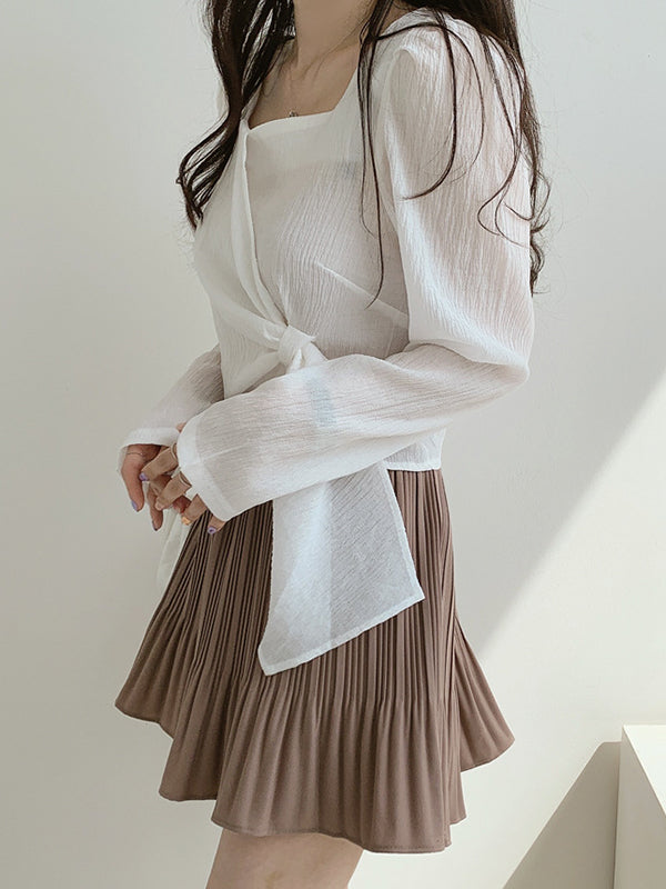 Original Solid Color Square-Neck Long Sleeves Tied Blouse