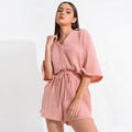 Solid Color V-Neck Loose Fit Half Sleeve Blouse and Shorts Pajama Set