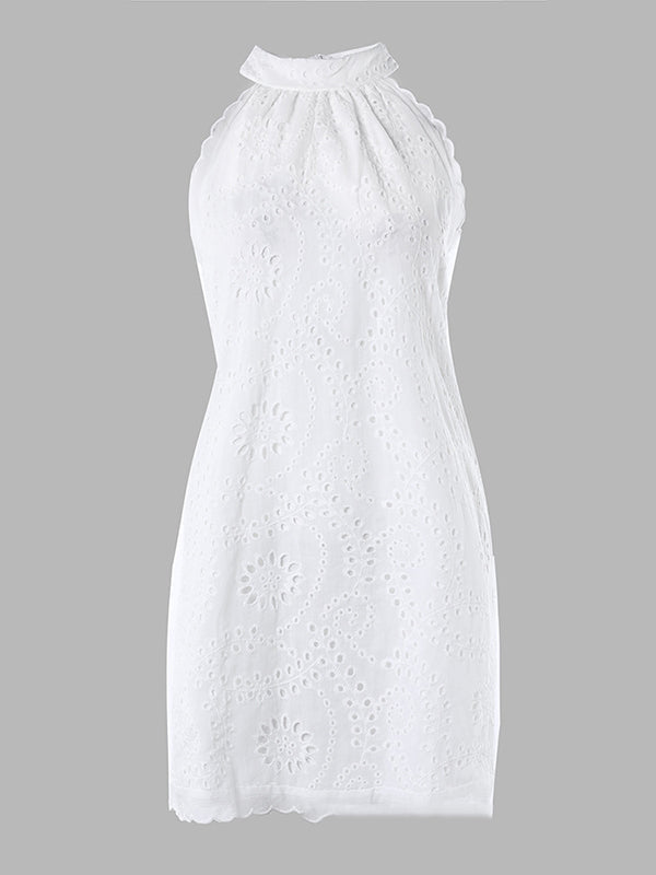 Loose Sleeveless Hollow Solid Color Split-Joint Zipper Stand Collar Mini Dresses