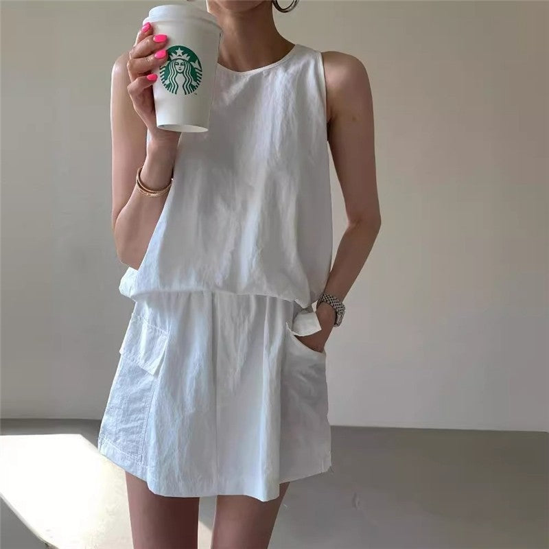 Solid Color Sleeveless Vest and Shorts Set