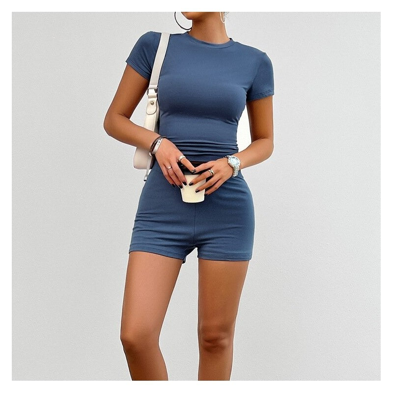 Slim Fit Short Sleeve Shorts Set in Solid Color
