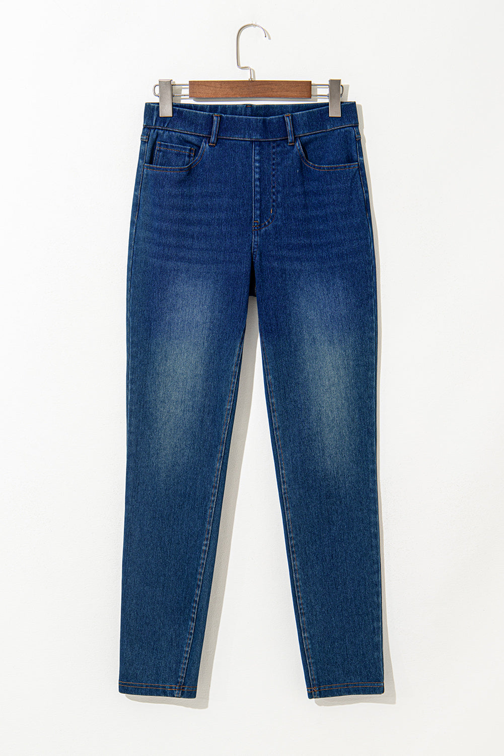 Multiple Pockets Straight Leg Washed Stretchy Knit Casual Jeans