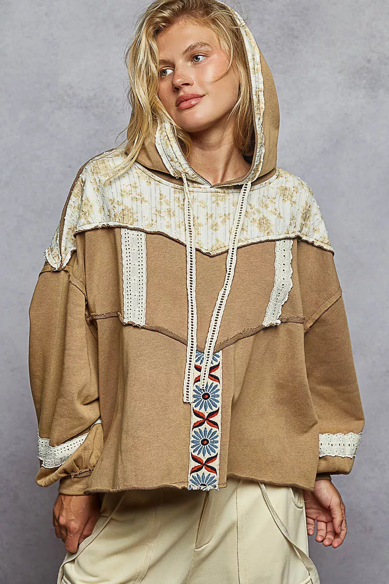 Drawstring French Terry Hoodie with Gauze Print Patch