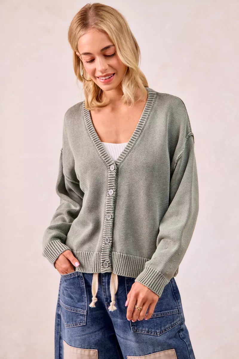 Washed Sweater V Neck Cardigan