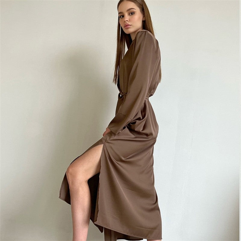 Long Sleeve Tie-Waist Robe with Side Slits