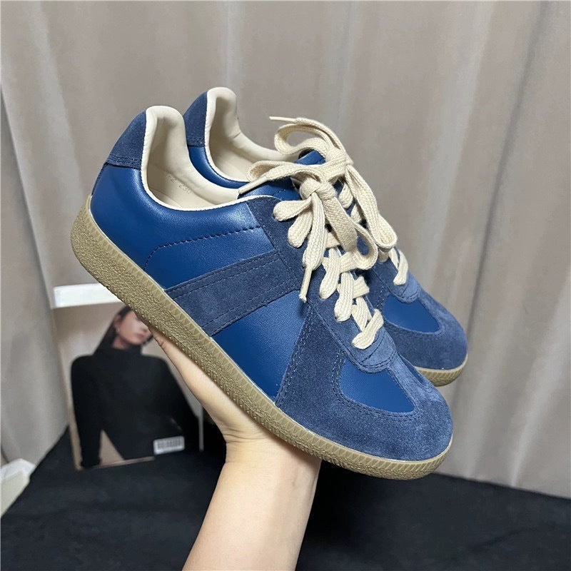 Women's Korean Retro Patchwork Lace-Up Flat Shoes - Round Toe Casual Leather Flats