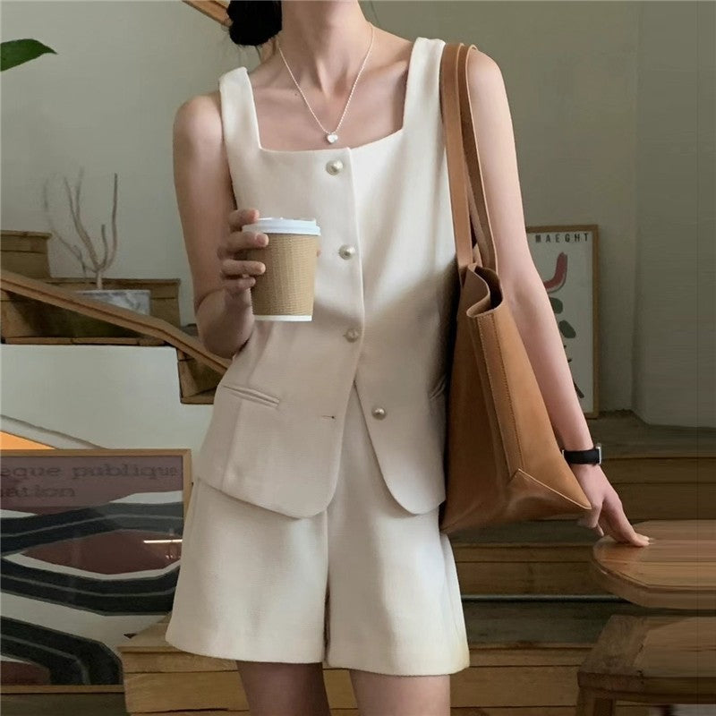 Solid Color V-Neck Vest and Shorts Set