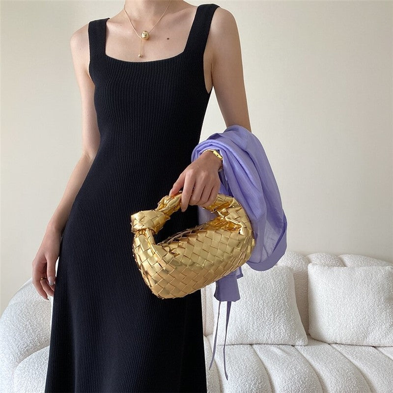 Knitted Hepburn Style Dress with Wide Shoulder Straps