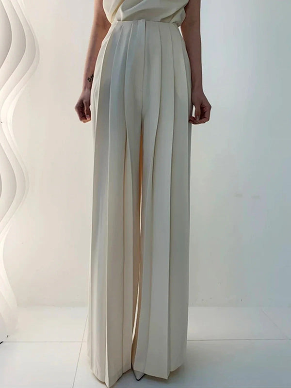 Solid Color High-Waisted Wide-Leg Pleated Urban Pants