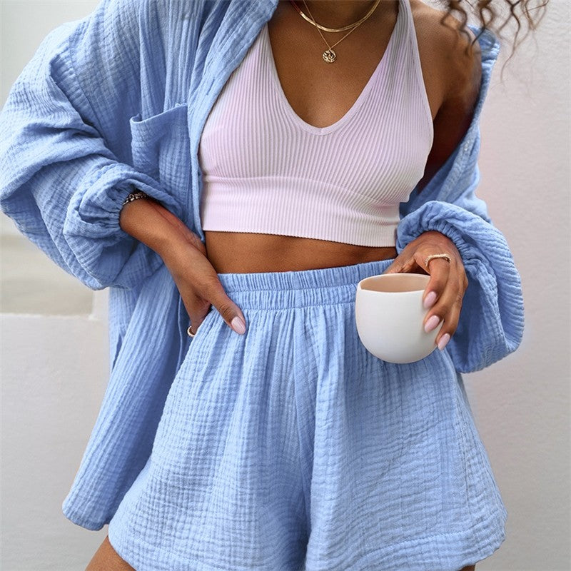 Solid Color Long Sleeve Shorts Pajama Set