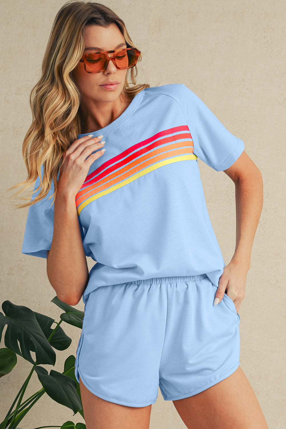 Beau Blue Colorful Striped Casual Tee
