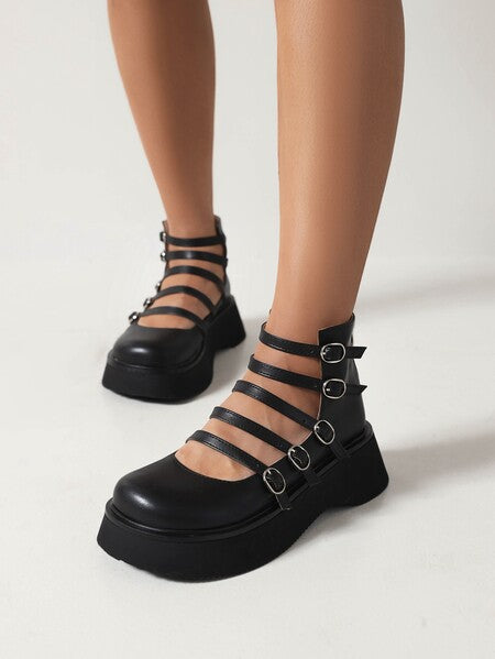 Women's Punk Style High-Top Boots with Belt Buckle & Thick Sole - Waterproof Platform Ankle Boots