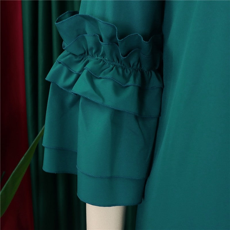 Stylish Ruffle Hem Trumpet Sleeve Dress