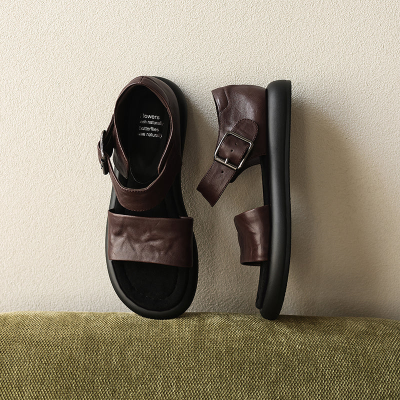 Women's Washed Leather Platform Sandals | Two-Strap Buckle Open-Toe Flats