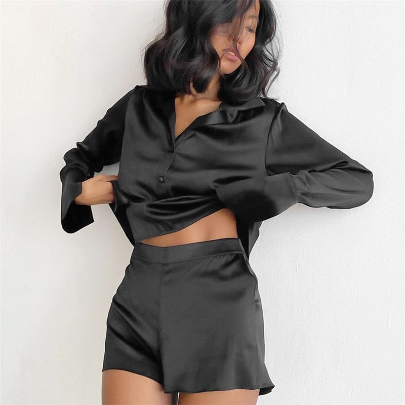 Solid Color Satin Long Sleeve Lapel Single Breasted Blouse and Shorts Set