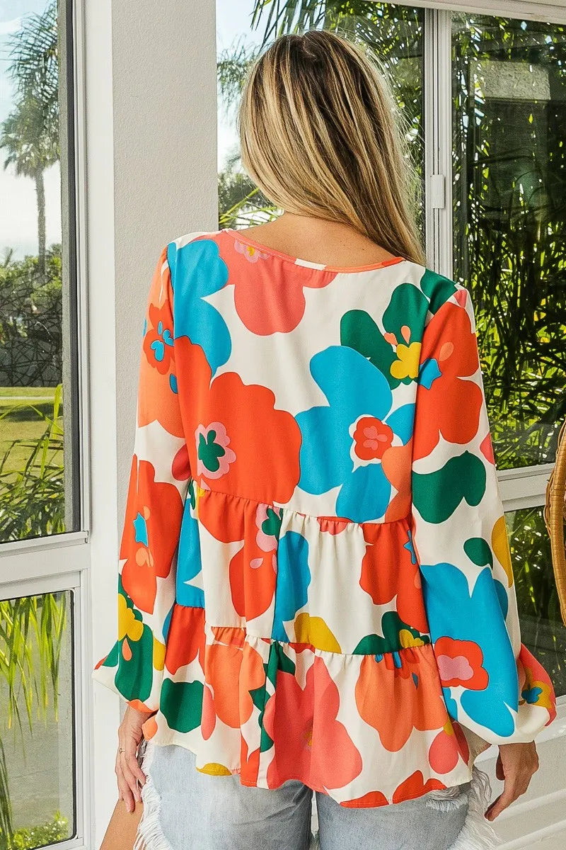 Floral Woven Tiered V Neck Top