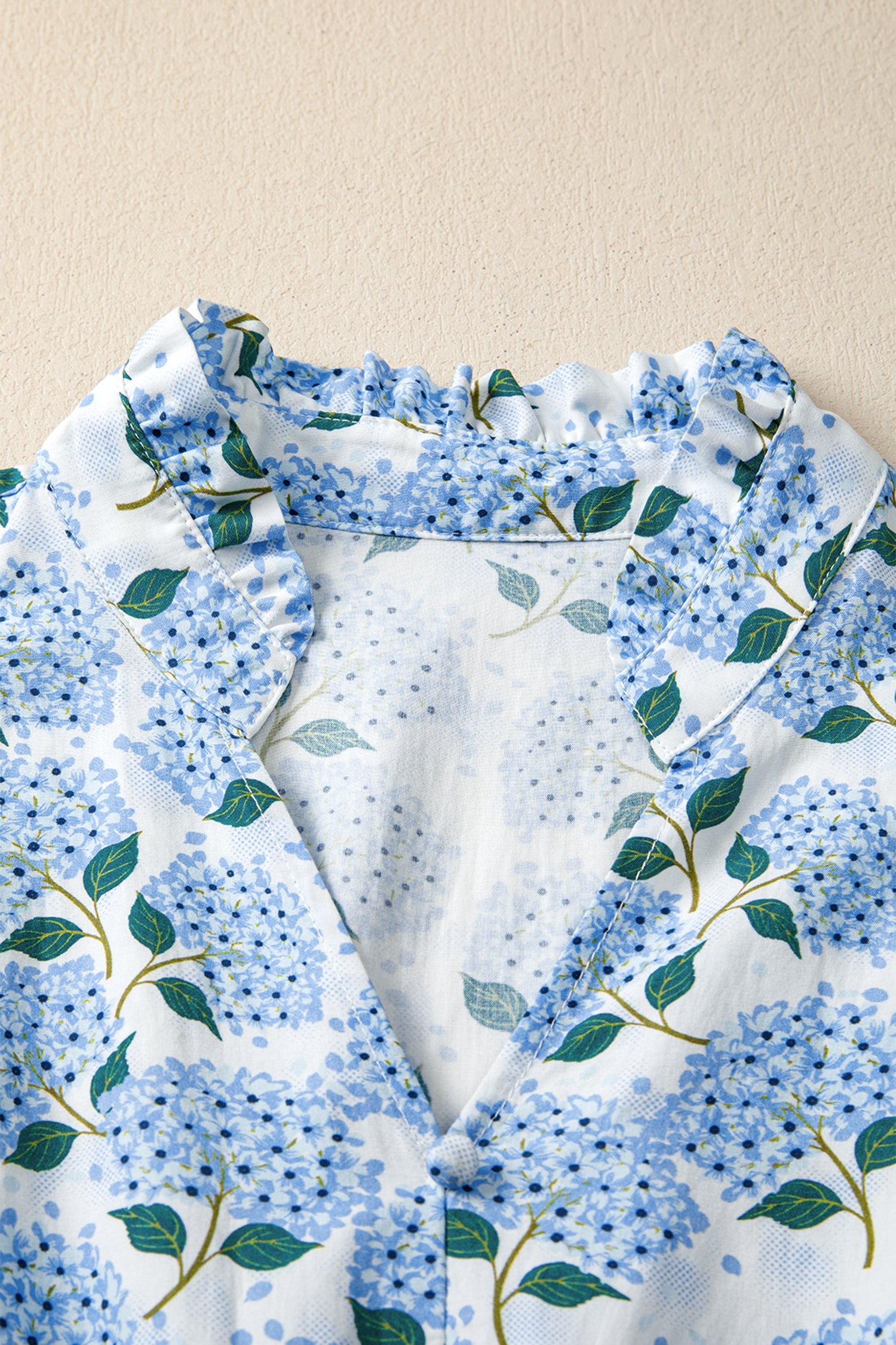 Sky Blue Hydrangea Floral Print Ruffle Trim Flutter Sleeve Long Dress