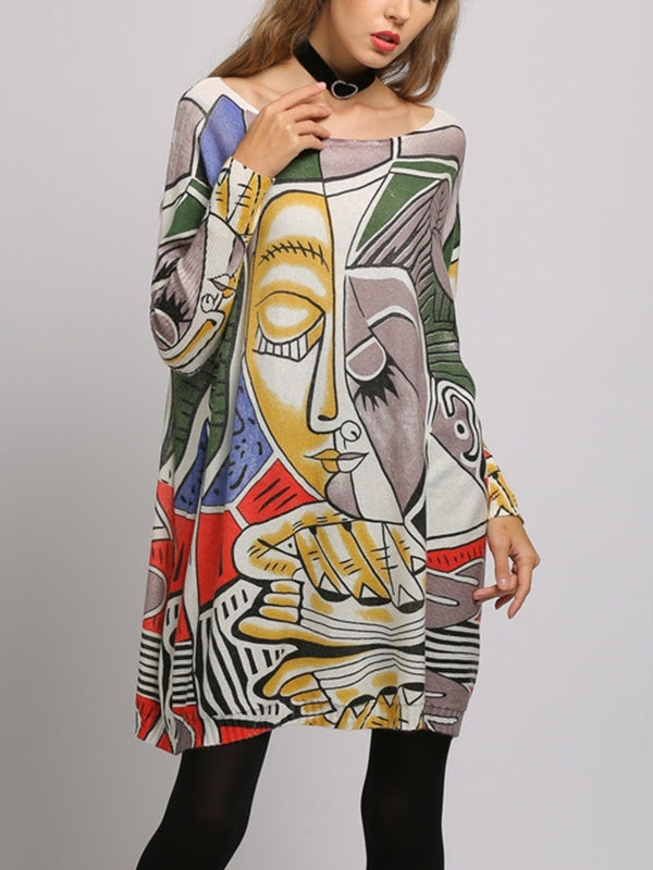 Long Sleeves Loose Figure Printed Boat Neck Knitwear