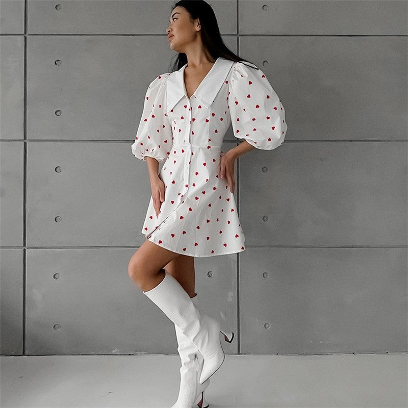Printed Bubble Sleeve Dress with Cinched Waist, Lapel, and Minimalist Styling