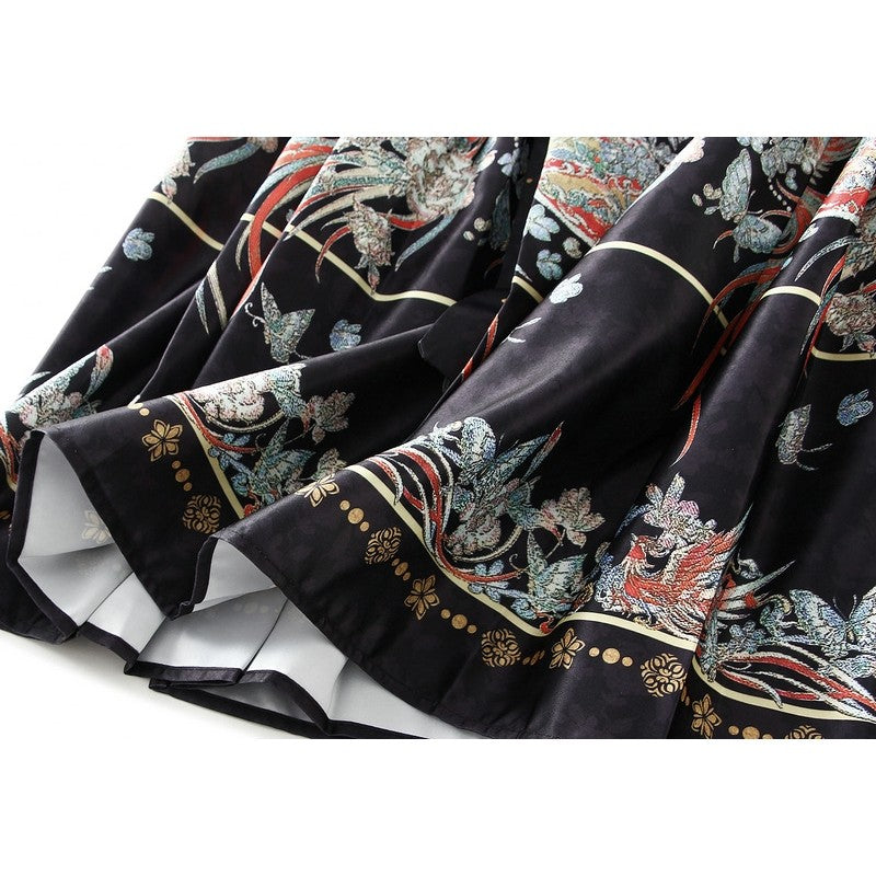 Phoenix Print Pleated Skirt with Chinese Style Waist Tie
