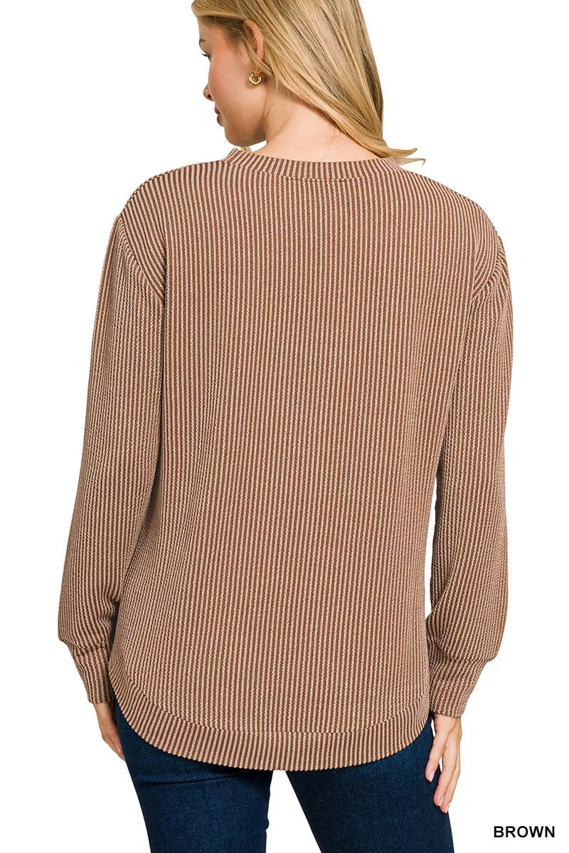 Full Size Raised Rib Round Neck Long Sleeve Top Plus Size