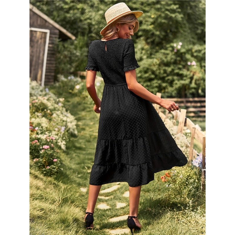 Solid Color Short Sleeve Round Neck Midi Dress for Women