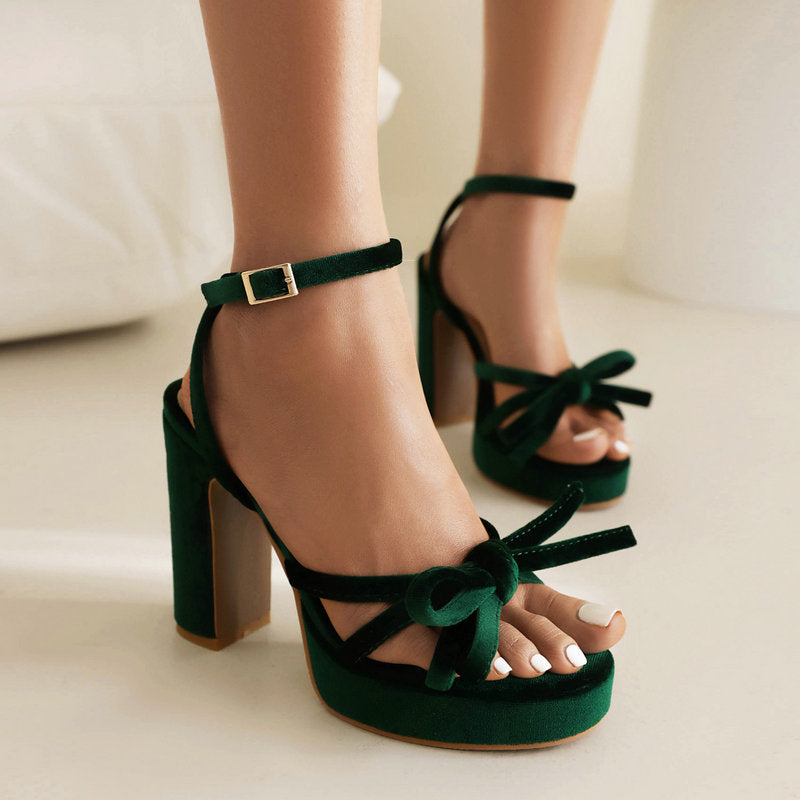 Women's French-Style Open-Toe Block Heel Sandals – Bow-Cutout Strappy Buckle Design