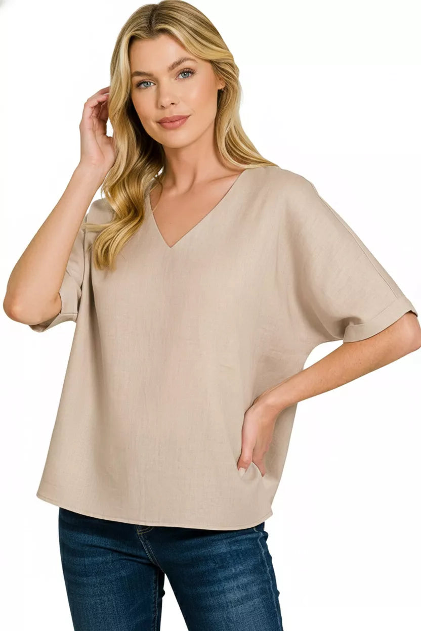 Linen V-Neck Cuffed Sleeve Top