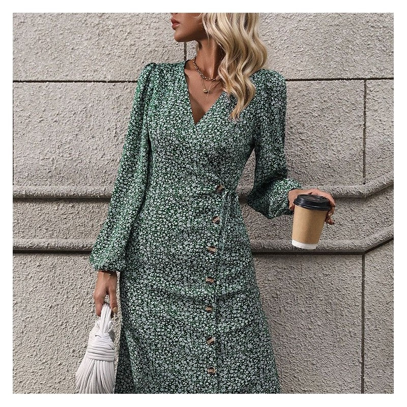 Stylish Wrap Long Sleeve Floral Dress