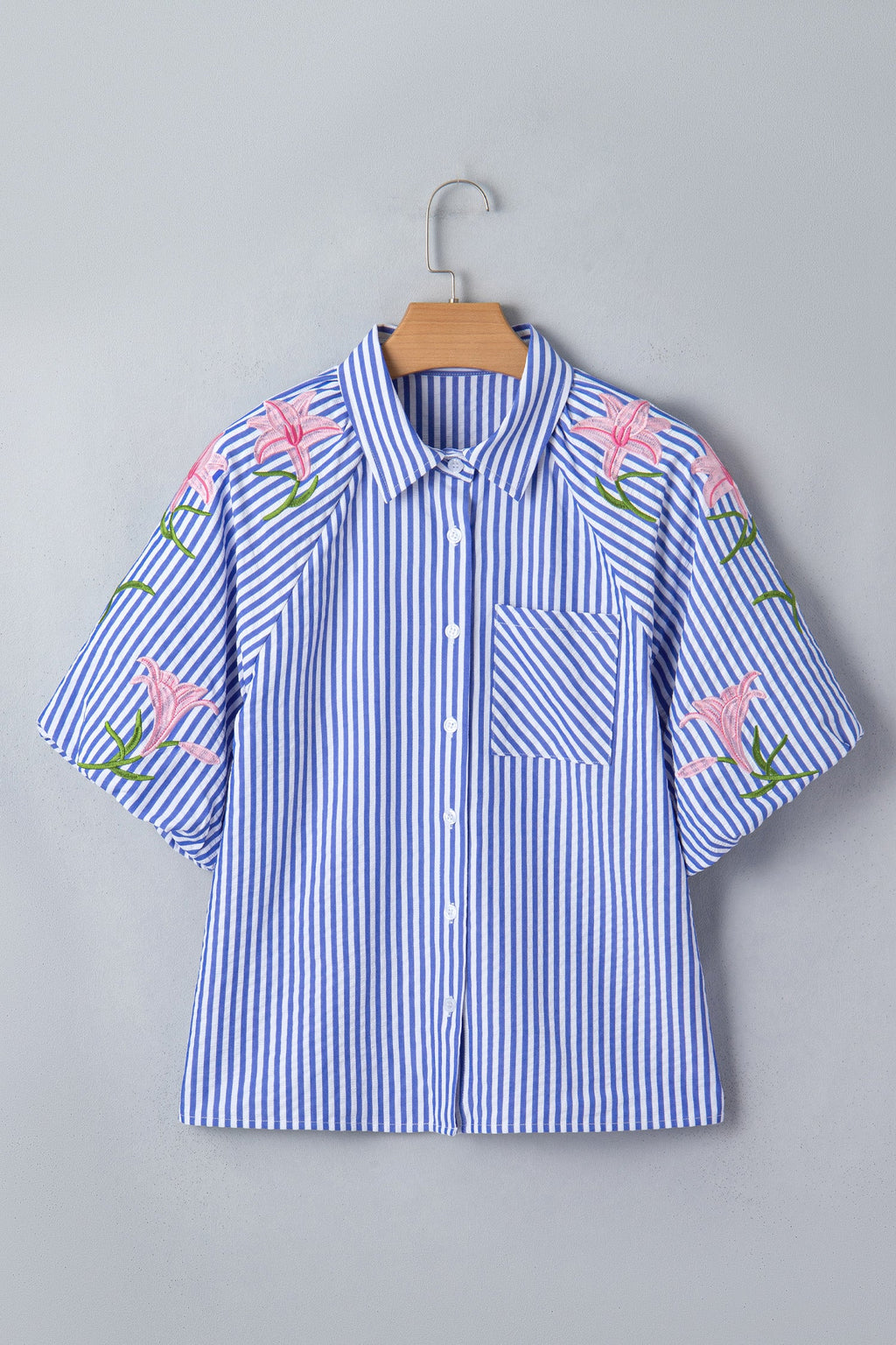 Sky Blue Stripe Lily Floral Embroidered Puff Sleeve Button Down Shirt