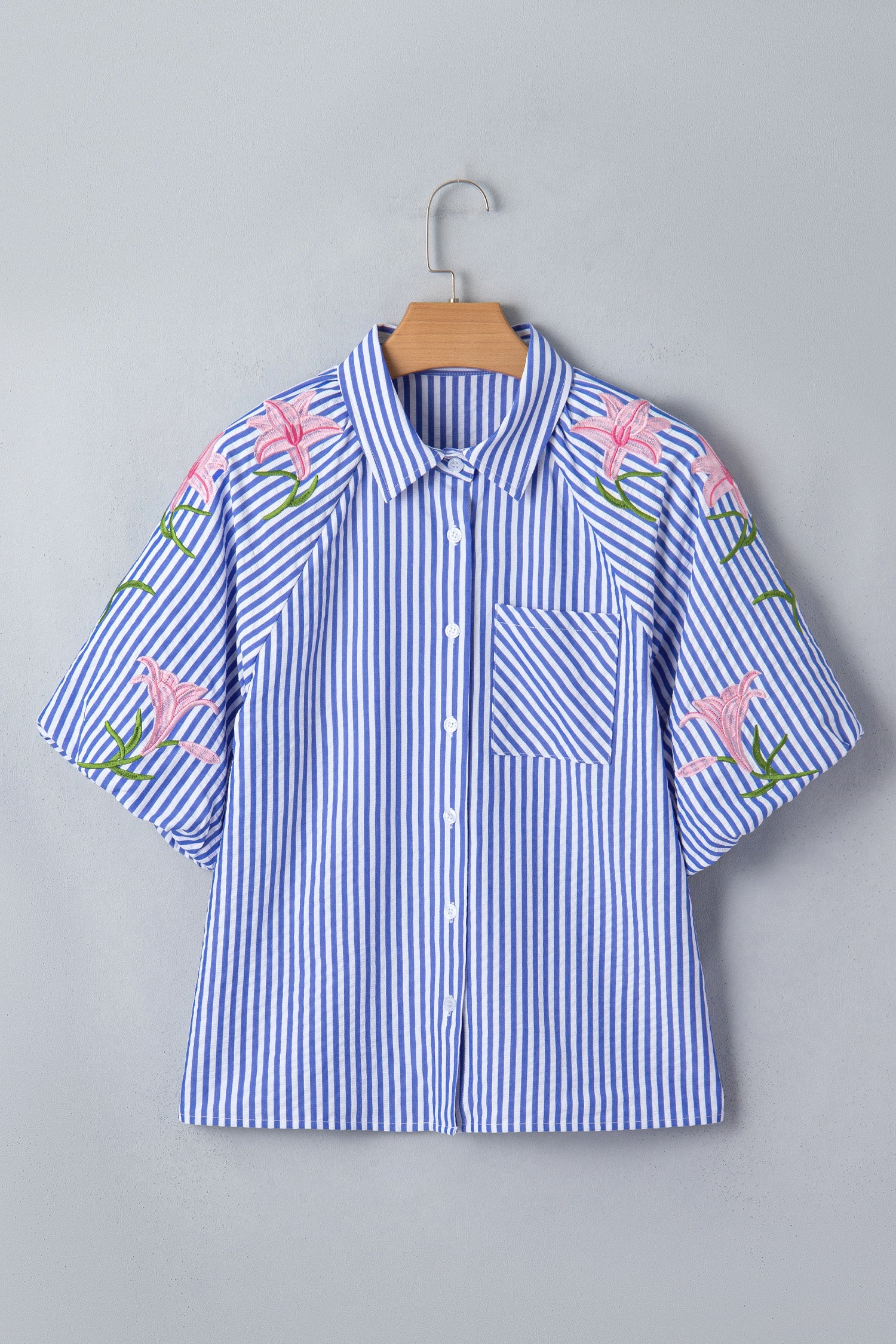 Sky Blue Stripe Lily Floral Embroidered Puff Sleeve Button Down Shirt
