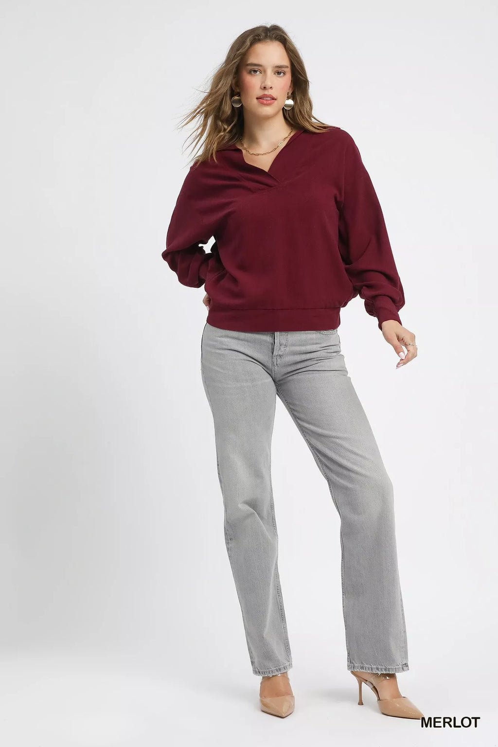 Linen Long Sleeves Elastic Hem Blouse