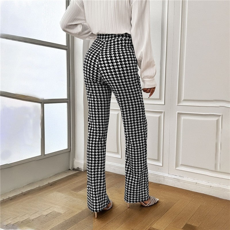 Houndstooth Pattern High-Waisted Bell Bottom Trousers