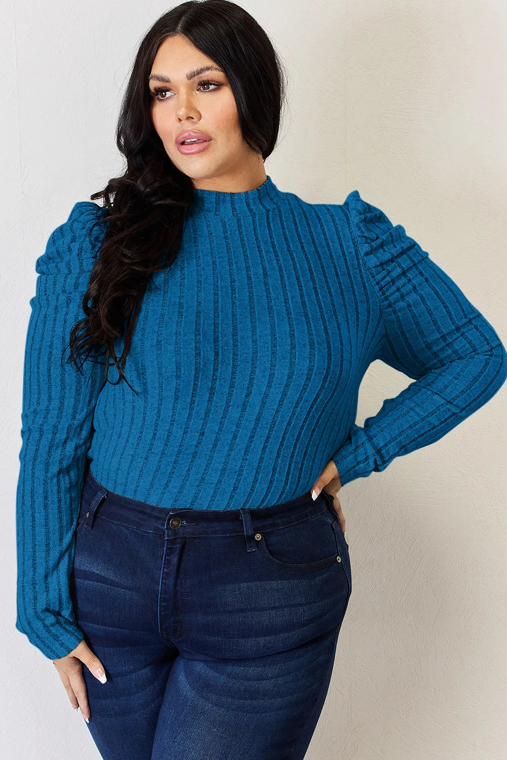 I am a Fashion junky Full Size Ribbed Mock Neck Puff Sleeve T-Shirt