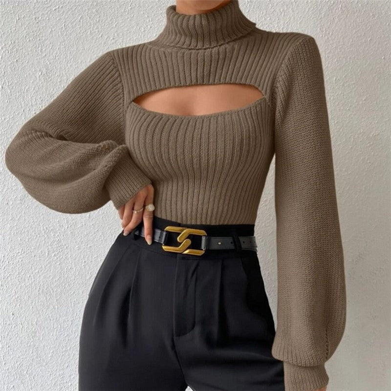 Sexy Hollow Out Solid Color Turtleneck Knit Sweater