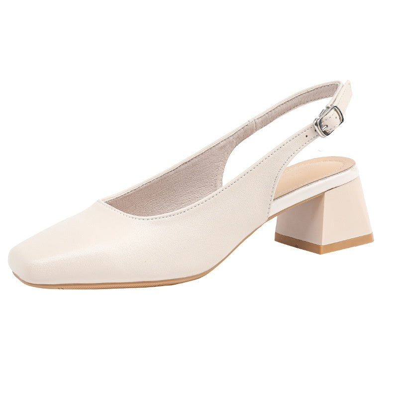 Women's Square Toe Chunky Heel Sandals | Genuine Leather Buckle Closure | Mid Heel Summer Shoes