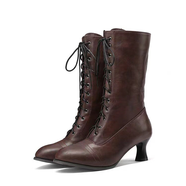 Women's Lace-Up Mid-Calf Boots - Stylish Low Heel Boots with Round Toe