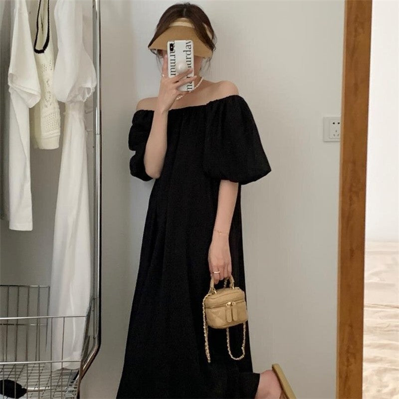 Solid Color Bubble Sleeve One-Shoulder Strap Pleated Dress