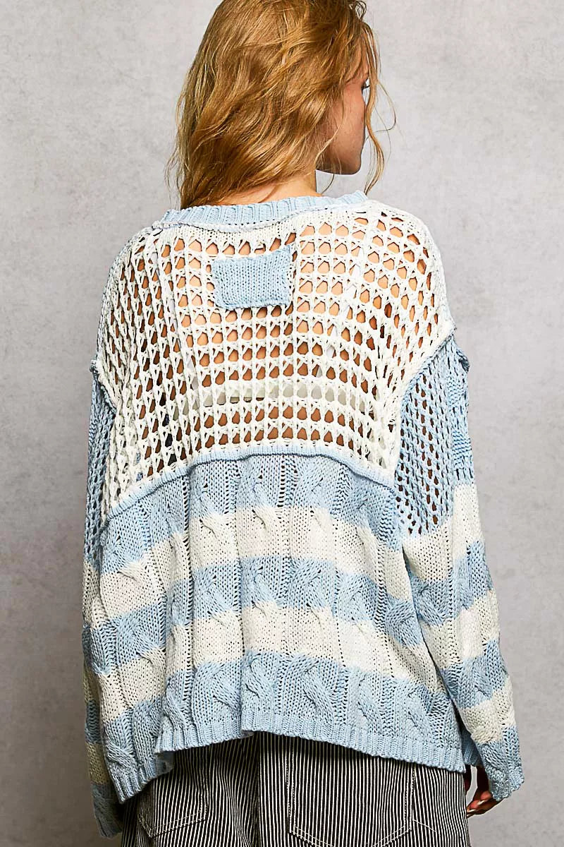 Color-Blocked Stripe Pattern Knit Top with Twisted Weave