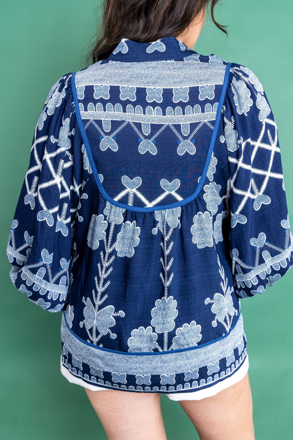 Blue Plus Size Floral Printed Notched Neck Long Sleeve Blouse