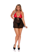 Mesh And Lace Halter Heck Babydoll With Keyhole Front, Rhinestone Accent And Back Clip Closure, Marching G-string Included