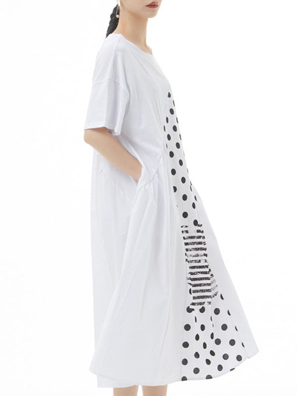 Loose Polka-Dot Split-Joint Striped Round-Neck Midi Dresses