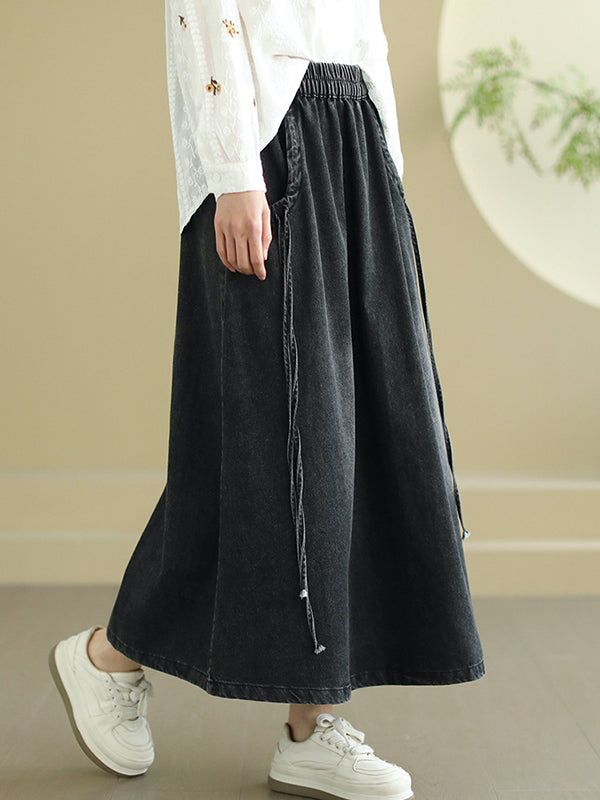A-Line Loose Elasticity Pockets Tied Skirts Bottoms