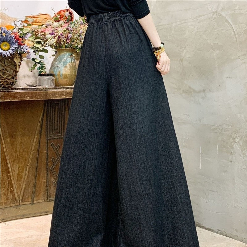 Solid Color High Waist Tie Elastic Wide Leg Pants